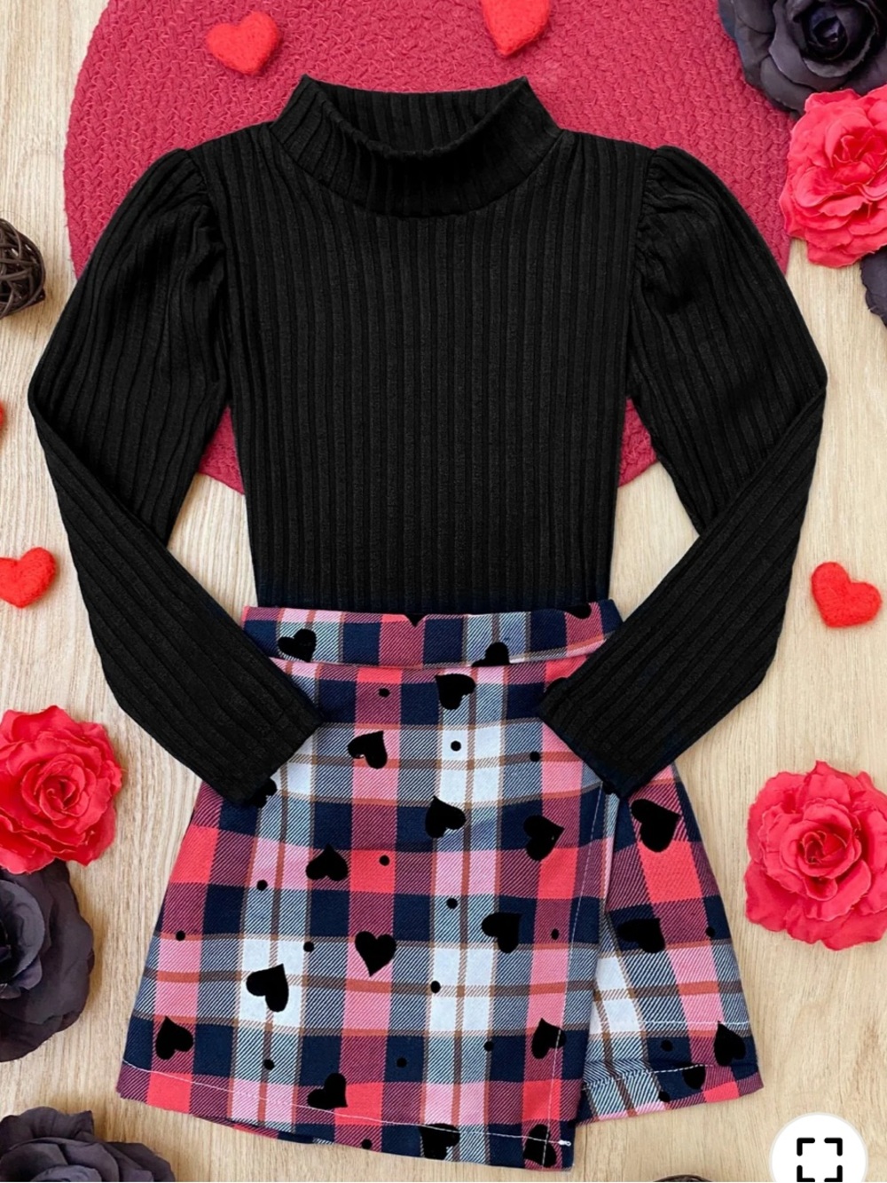 Mia Belle Girls Toddler Baby Plaid Heart Wrap Sweater Ribbed Skirt Set 2T/3T